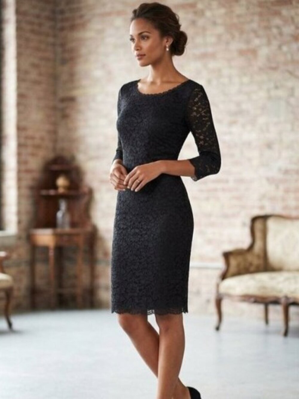 Eliza J Size 6 Black 3/4 Sleeve Floral Lace Overlay Round Neck Sheath Dress